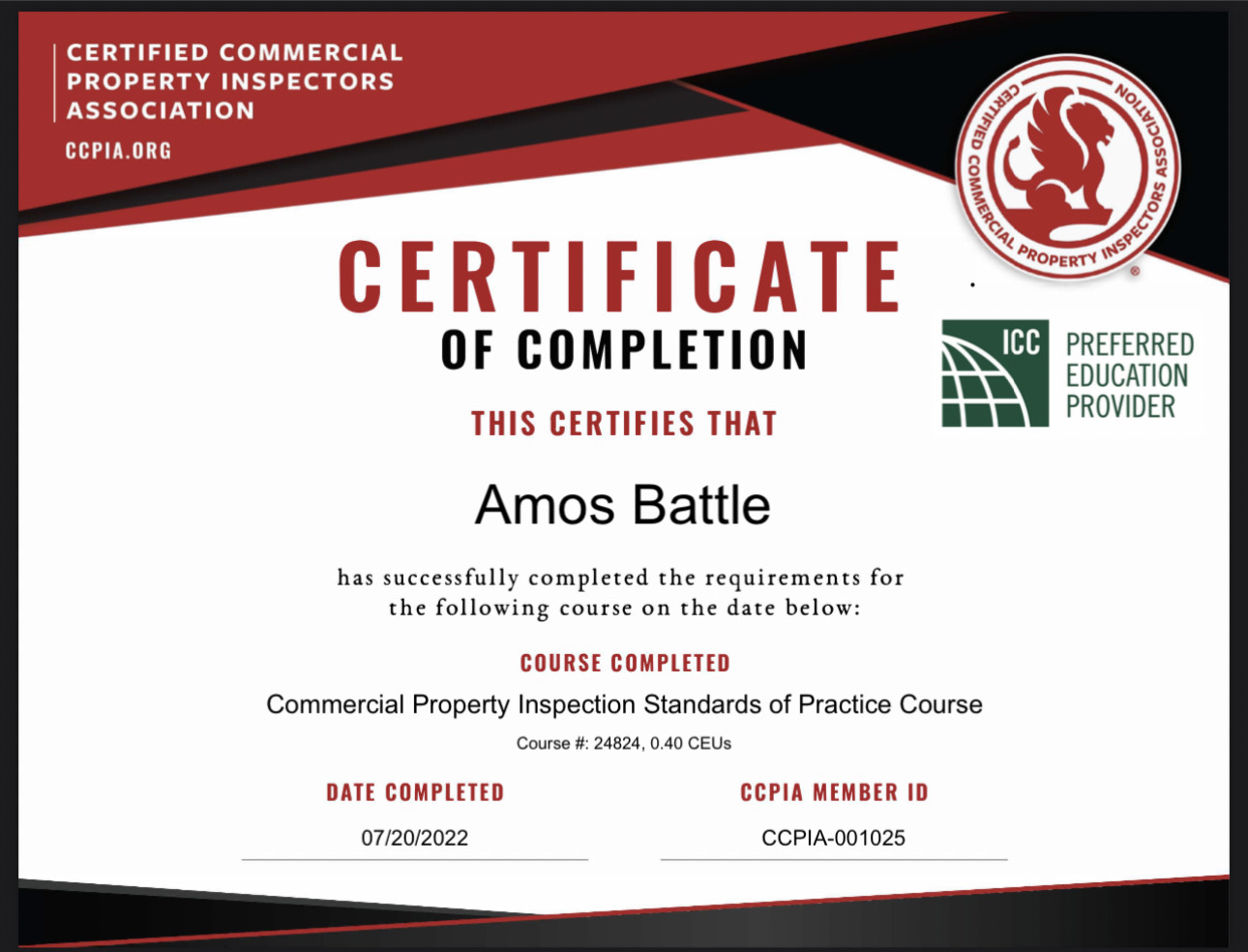Amos Battle - ICC Commercial Property Inspector