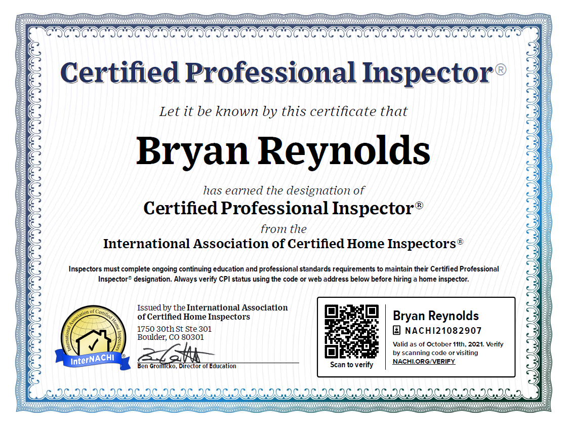 Bryan Reynolds - Certified Professional Inspector