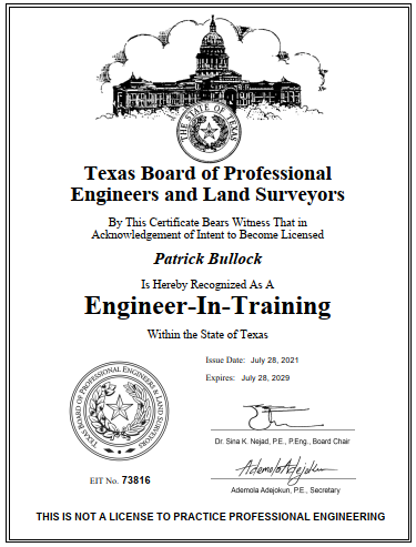 Patrick Bullock - Engineer in Training #73816