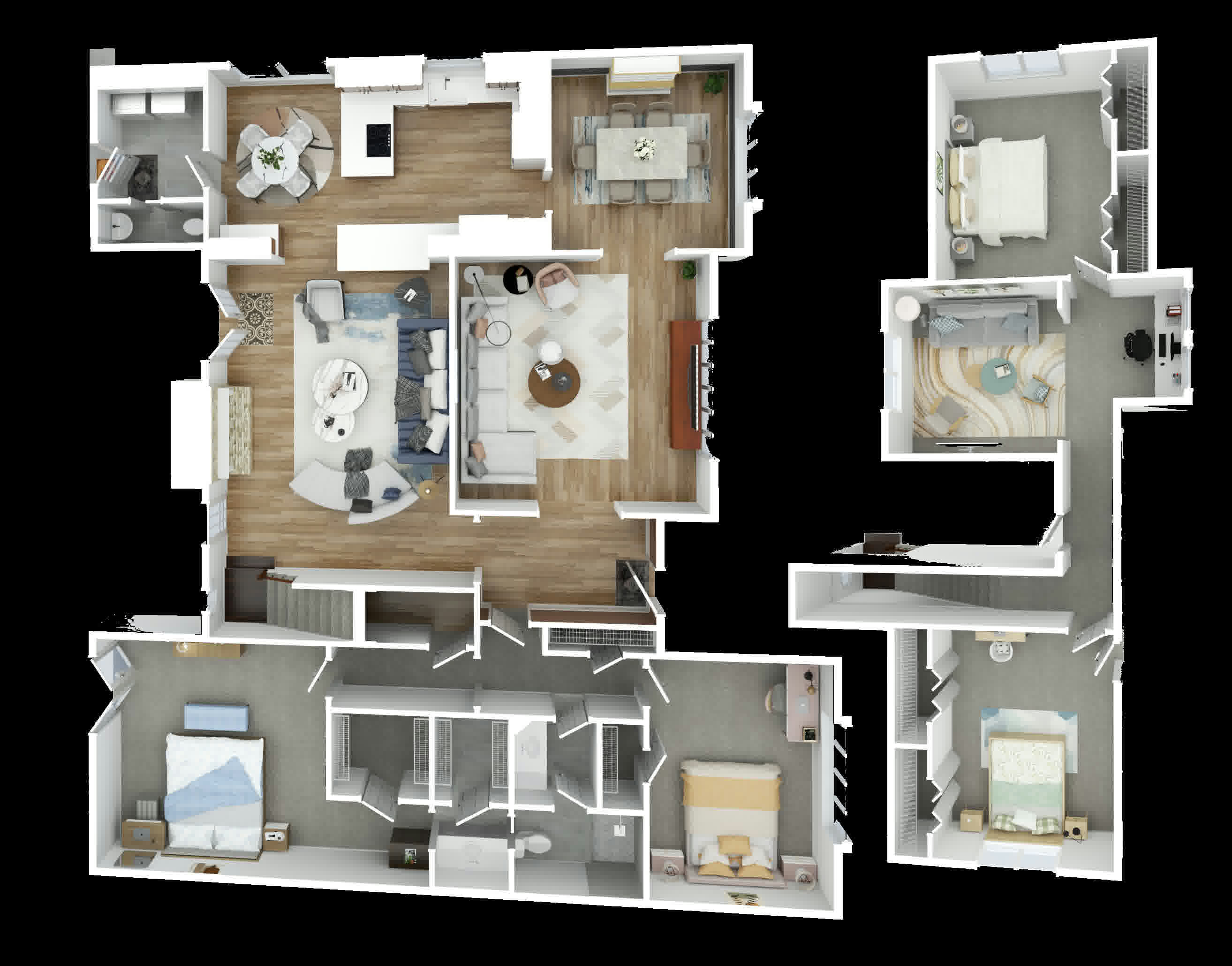 3D dollhouse floor plan showing home layout from above with furnished rooms